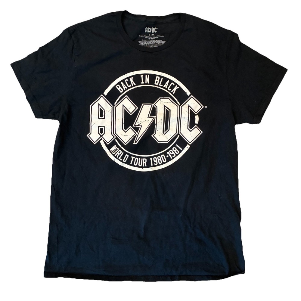 AC/DC T-Shirt Mens Large Black Back In Black World Tour 1980-1981 Graphic Tee‎